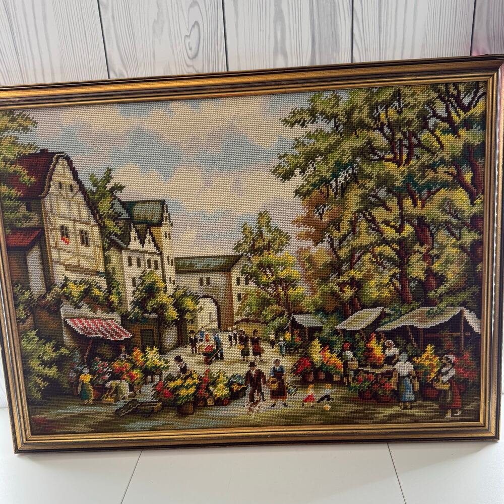 Vintage Cewel Embroidery Large Market Town Autumn Historical 28 x 20 Framed